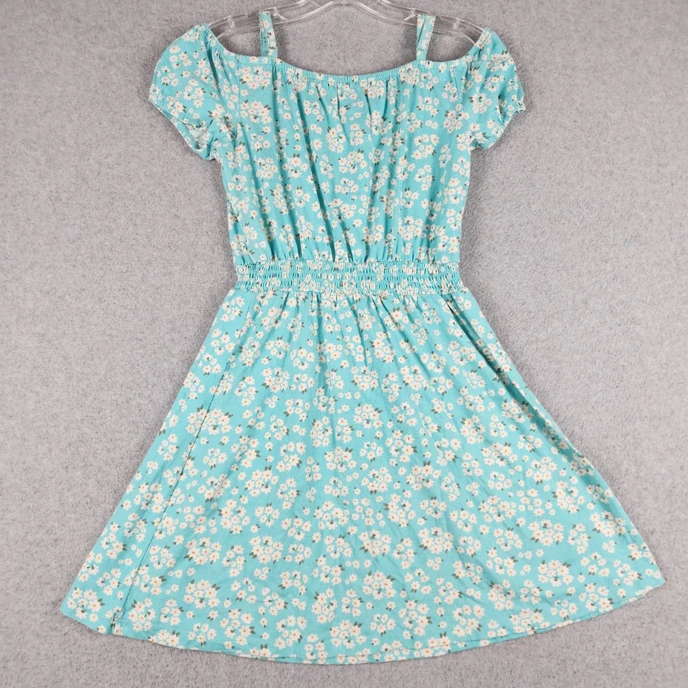 SO Fit & Flare Dress Girls XL 14/16 Blue Floral Boho Cold Shoulder Smocked Waist